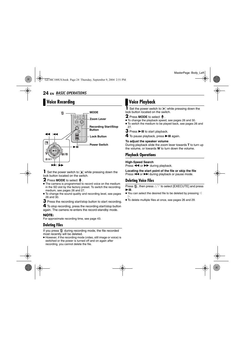 Voice recording, Deleting files, Voice playback | Playback operations, Deleting voice files, Pg. 24) | JVC GZ-MC100US User Manual | Page 24 / 44