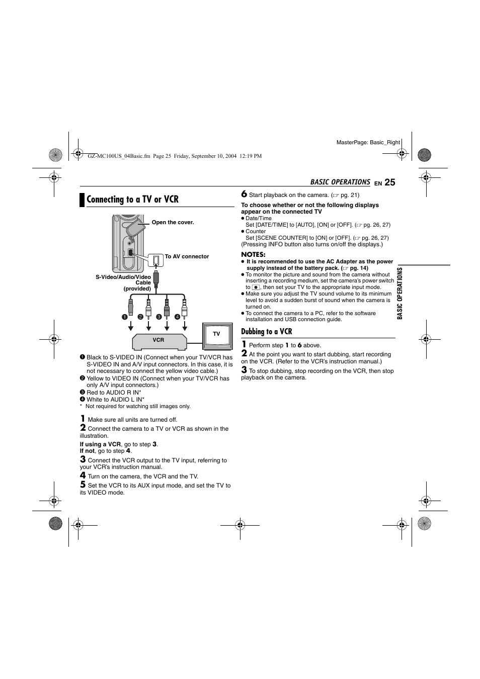 Connecting to a tv or vcr, Dubbing to a vcr, Pg. 25) | JVC GZ-MC100US User Manual | Page 25 / 44