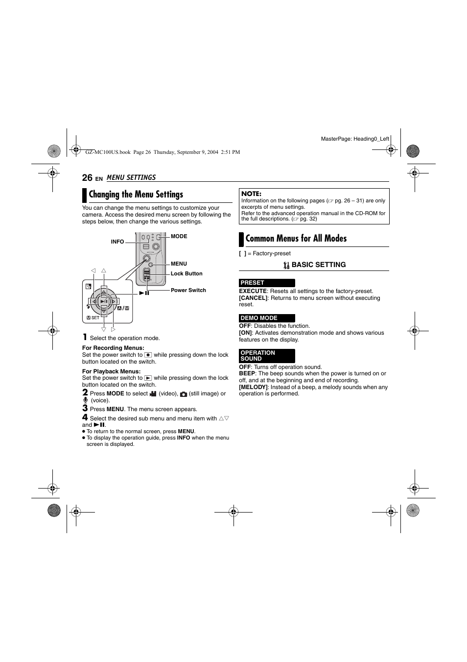 Menu settings, Changing the menu settings, Common menus for all modes | Pg. 26), Card, Pg. 26, 26 and 28, E 26, Ges 26, Ages 26 and | JVC GZ-MC100US User Manual | Page 26 / 44