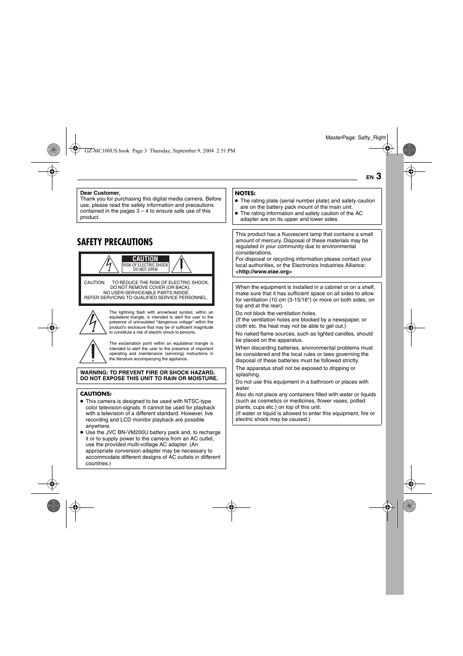 Safety precautions | JVC GZ-MC100US User Manual | Page 3 / 44