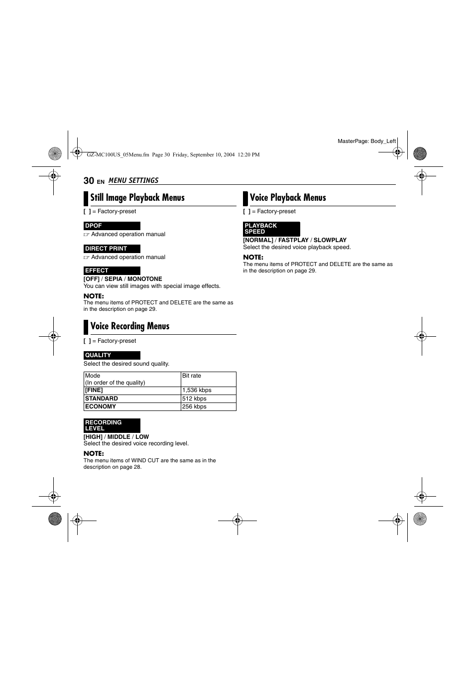 Still image playback menus, Voice recording menus, Voice playback menus | Pg. 30), D 30 | JVC GZ-MC100US User Manual | Page 30 / 44