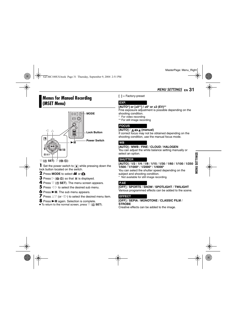 Menus for manual recording (mset menu), Pg. 31) | JVC GZ-MC100US User Manual | Page 31 / 44