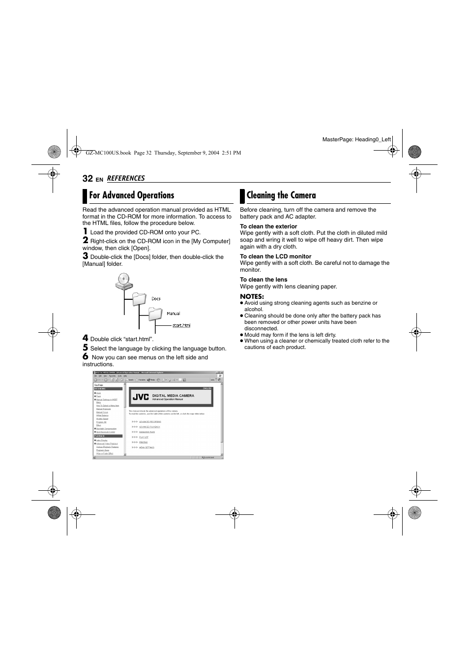 References, For advanced operations, Cleaning the camera | 32 f, Pg. 32), For advanced operations cleaning the camera | JVC GZ-MC100US User Manual | Page 32 / 44