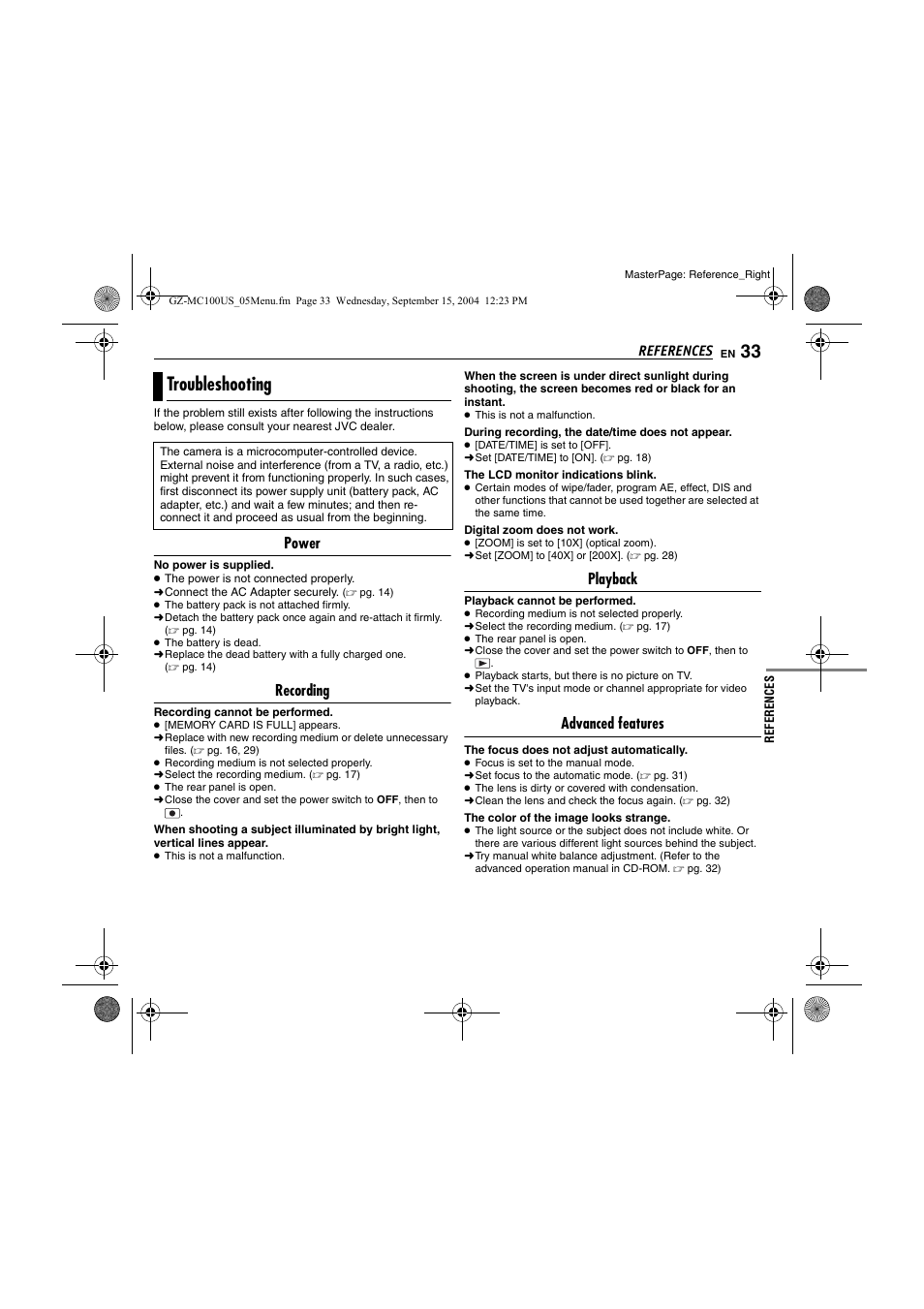 Troubleshooting | JVC GZ-MC100US User Manual | Page 33 / 44