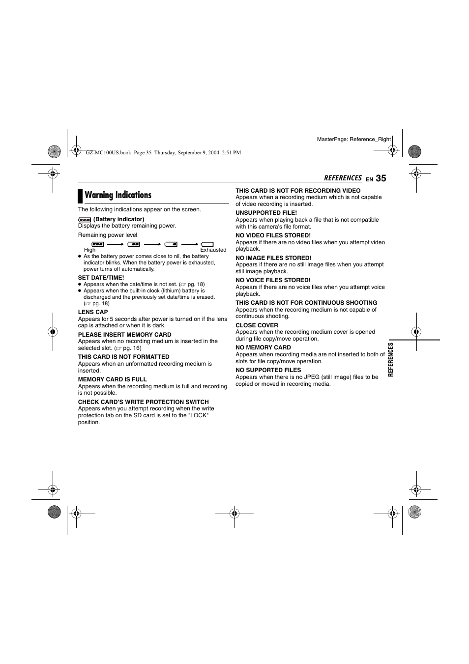 Warning indications | JVC GZ-MC100US User Manual | Page 35 / 44