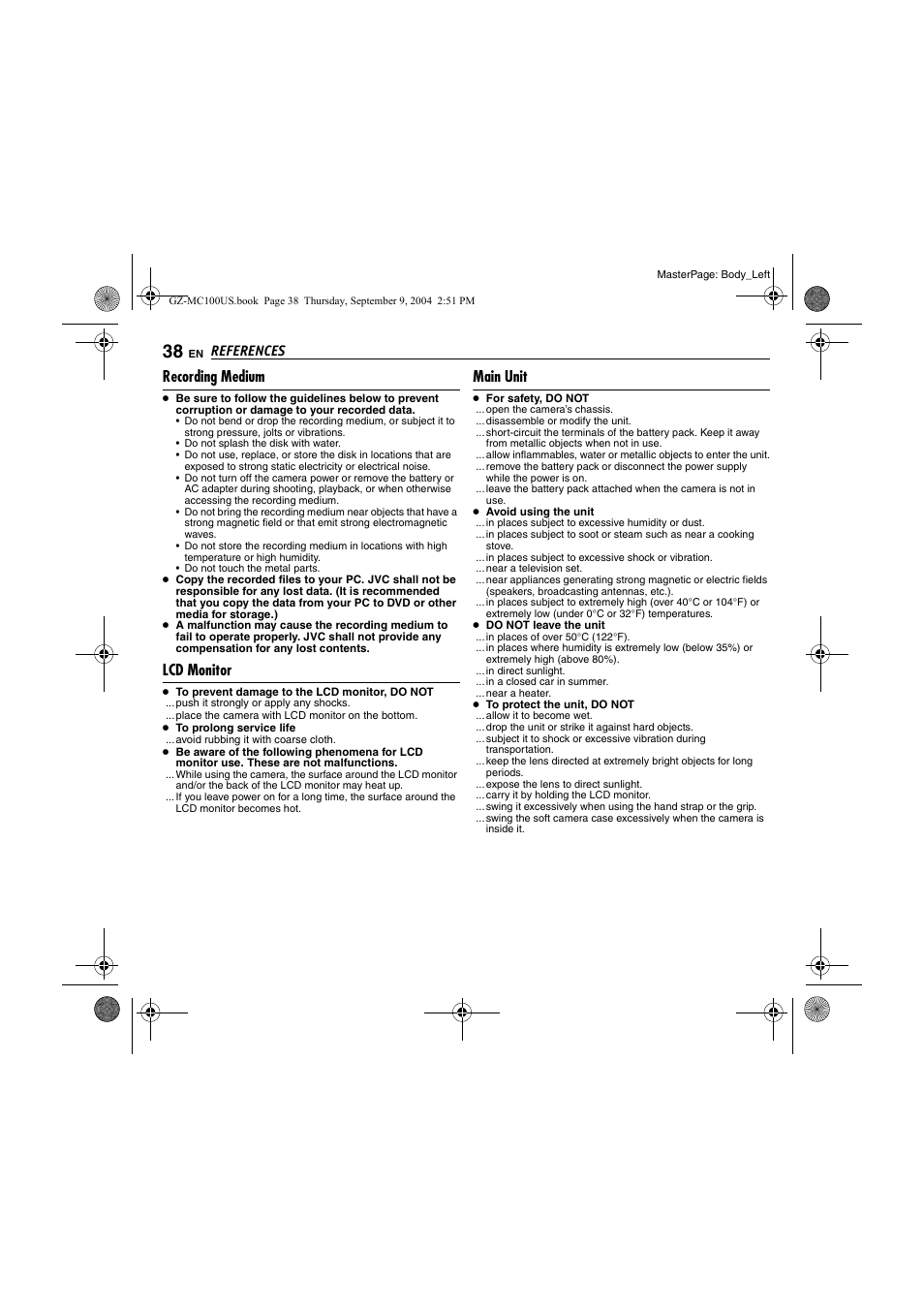 Recording medium, Lcd monitor, Main unit | Ad “recording medium, Pg. 38, “recording, Medium”), References | JVC GZ-MC100US User Manual | Page 38 / 44