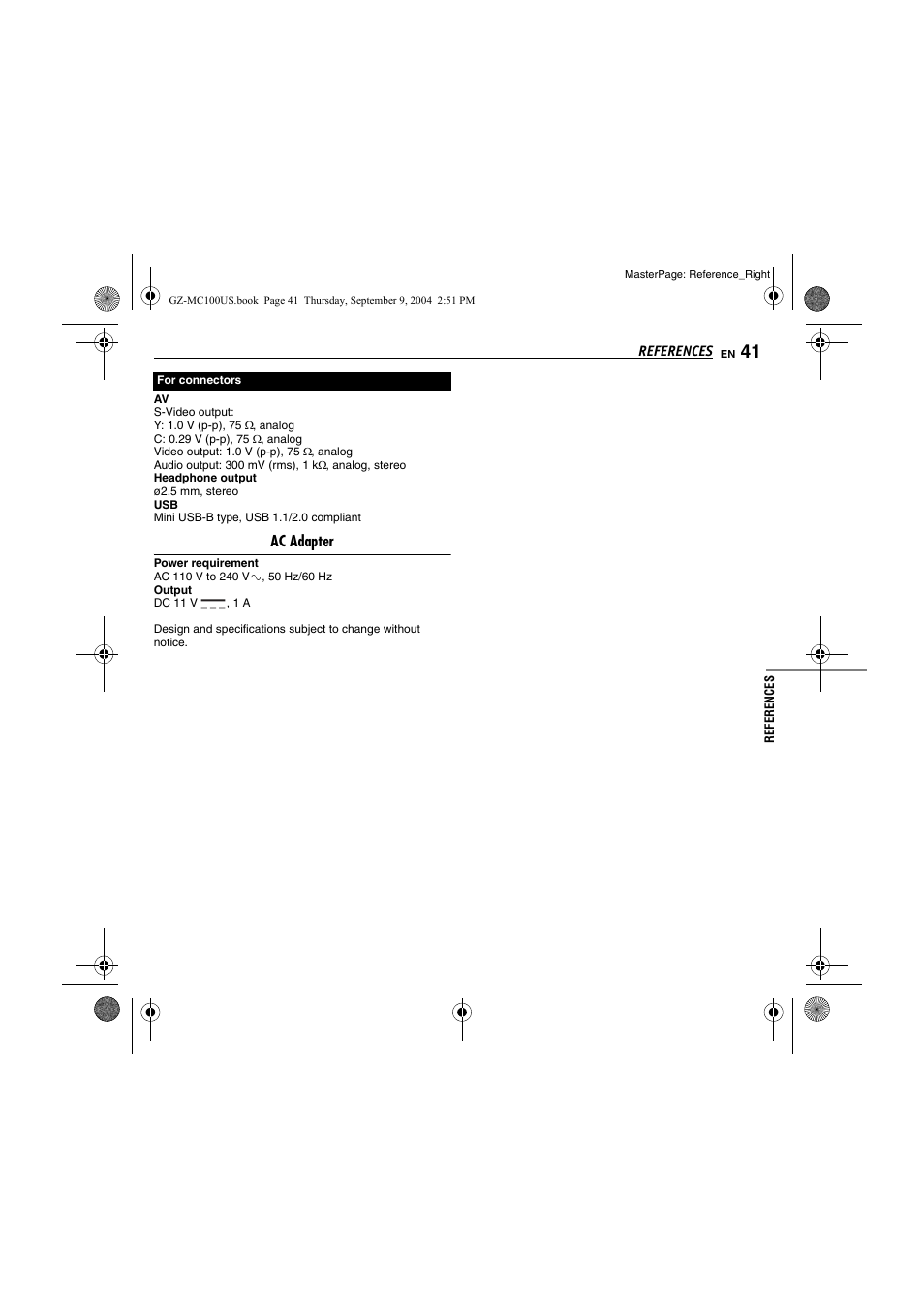 Ac adapter | JVC GZ-MC100US User Manual | Page 41 / 44