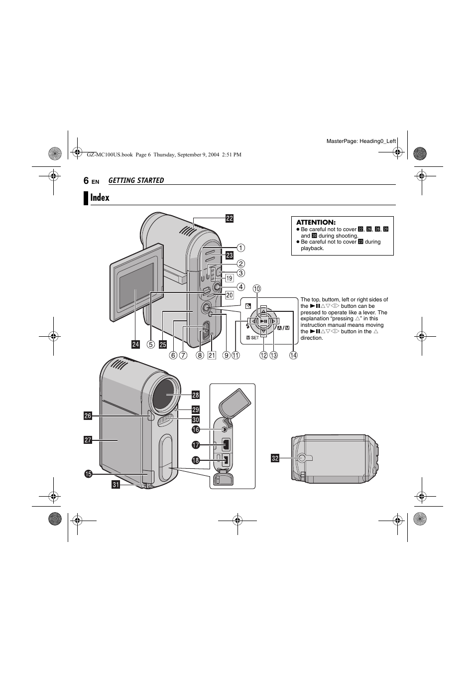 Getting started, Index | JVC GZ-MC100US User Manual | Page 6 / 44