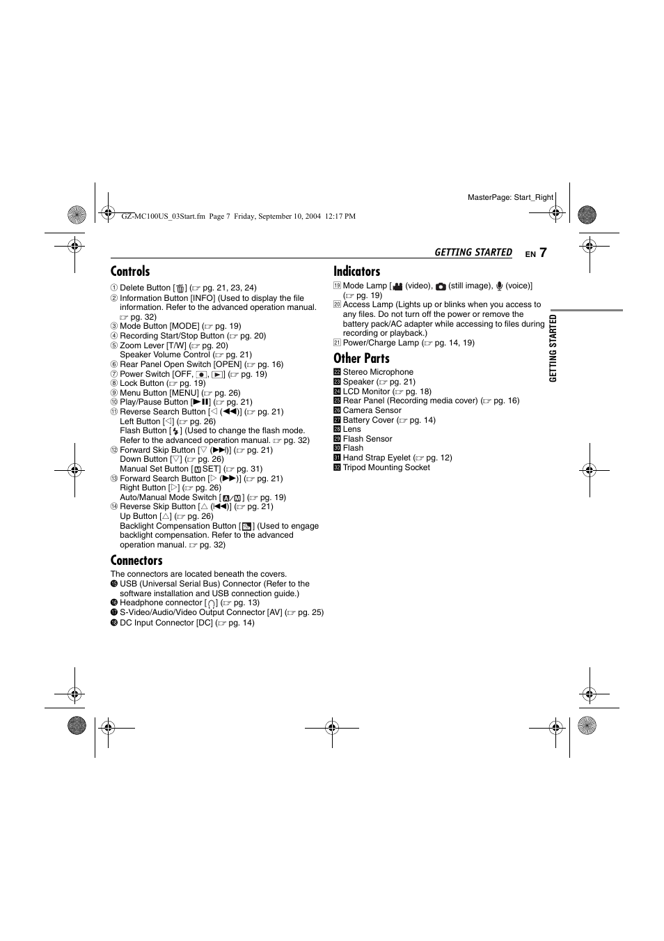 Controls, Connectors, Indicators | Other parts | JVC GZ-MC100US User Manual | Page 7 / 44