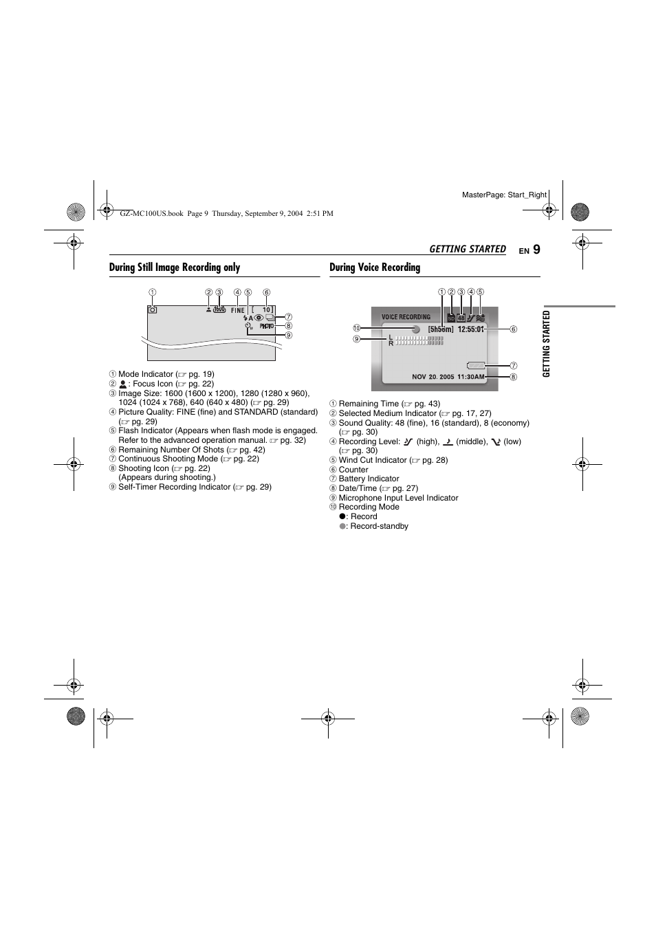 During still image recording only, During voice recording | JVC GZ-MC100US User Manual | Page 9 / 44