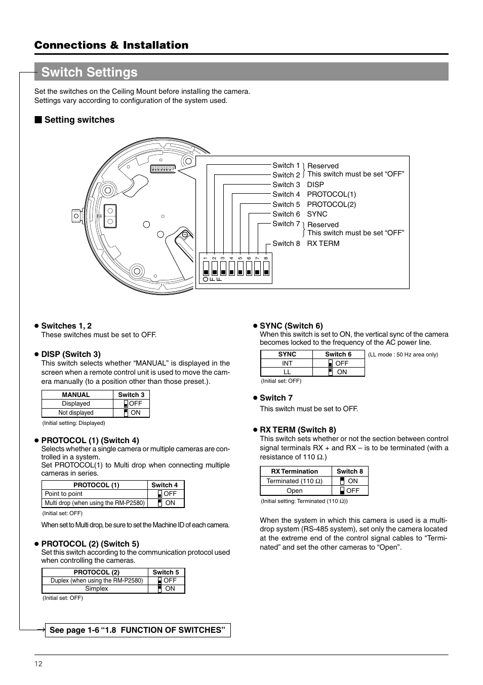 Switch settings, Connections & installation, Setting switches | JVC TK-C676 User Manual | Page 12 / 44