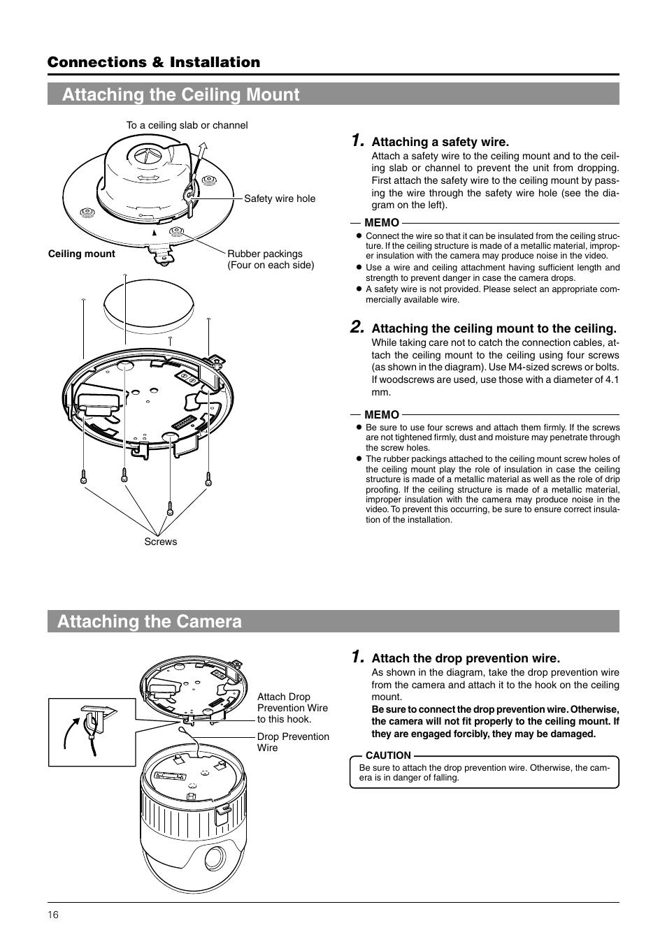 Attaching the ceiling mount, Attaching the camera, Connections & installation | JVC TK-C676 User Manual | Page 16 / 44