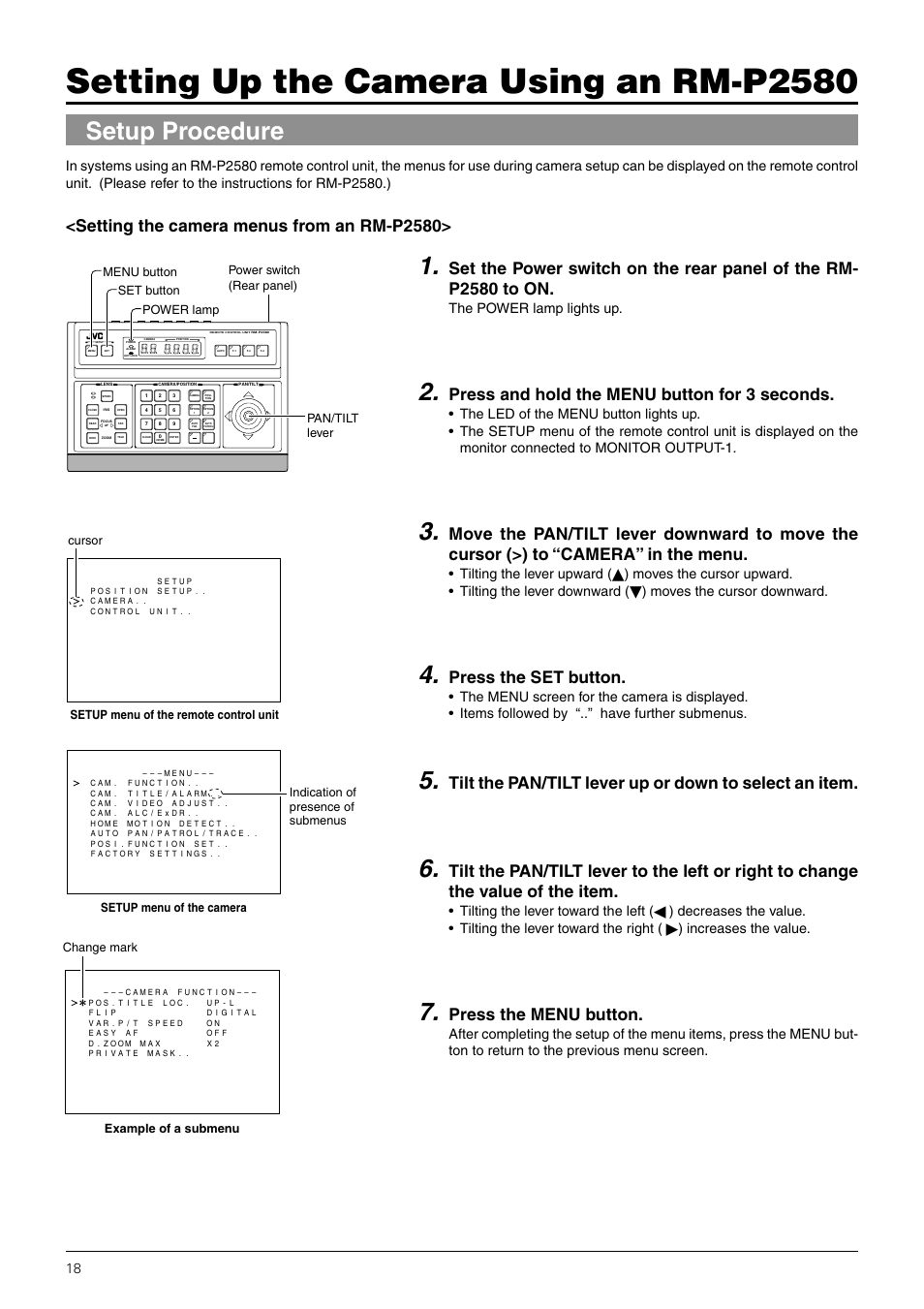 Setting up the camera using an rm-p2580, Setup procedure, Setting the camera menus from an rm-p2580 | Press and hold the menu button for 3 seconds, Press the set button, Press the menu button, The power lamp lights up, Tilting the lever upward, Moves the cursor downward, Tilting the lever toward the left | JVC TK-C676 User Manual | Page 18 / 44