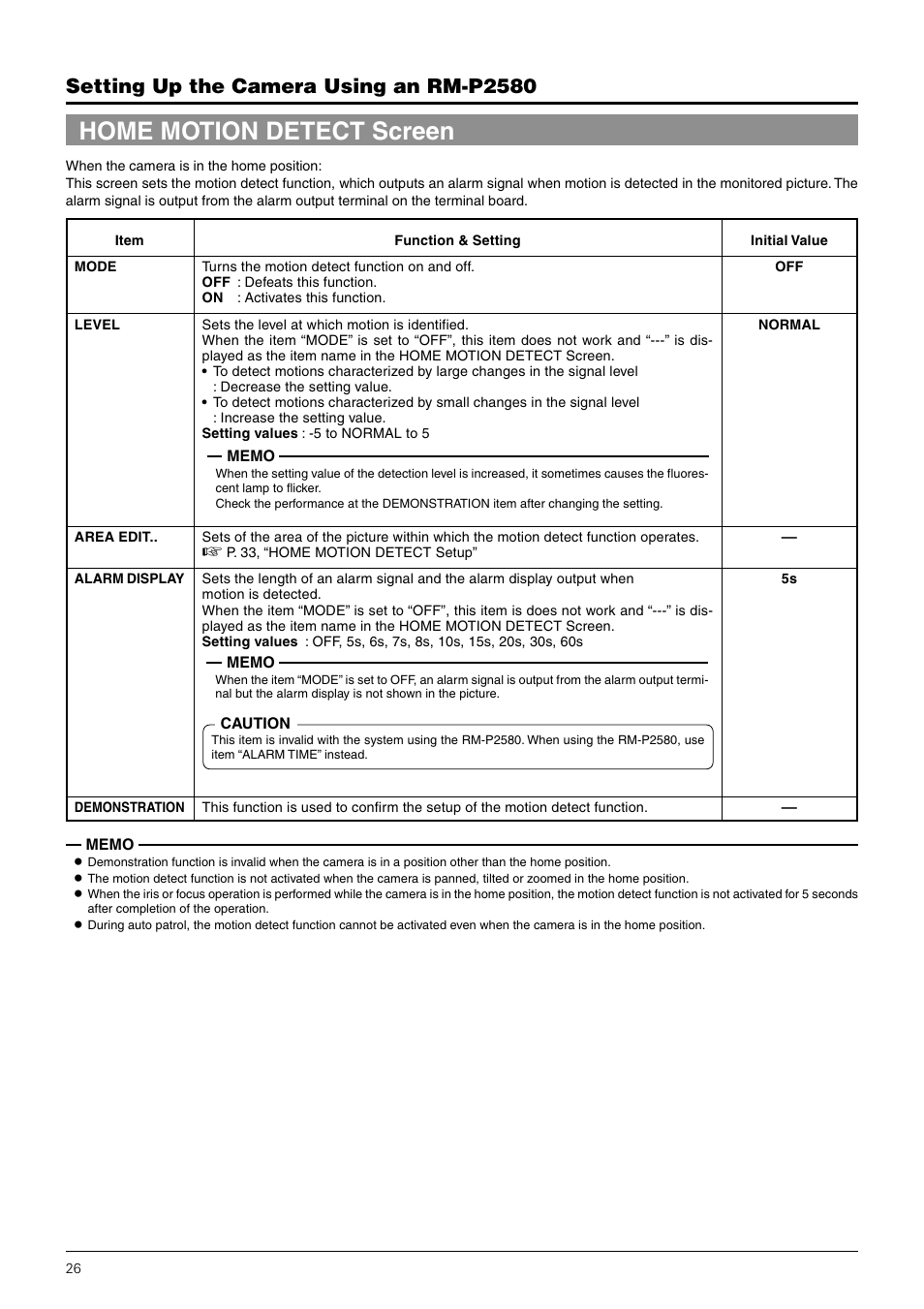 Home motion detect screen, Setting up the camera using an rm-p2580 | JVC TK-C676 User Manual | Page 26 / 44