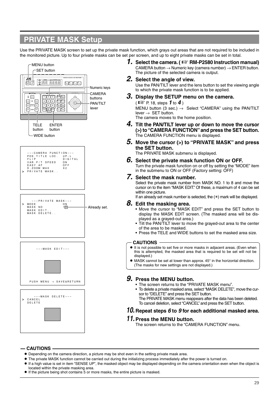 Private mask setup, Select the camera, Rm-p2580 instruction manual) | Select the angle of view, Display the setup menu on the camera, Select the private mask function on or off, Select the mask number, Edit the masking area, Press the menu button, Repeat steps | JVC TK-C676 User Manual | Page 29 / 44
