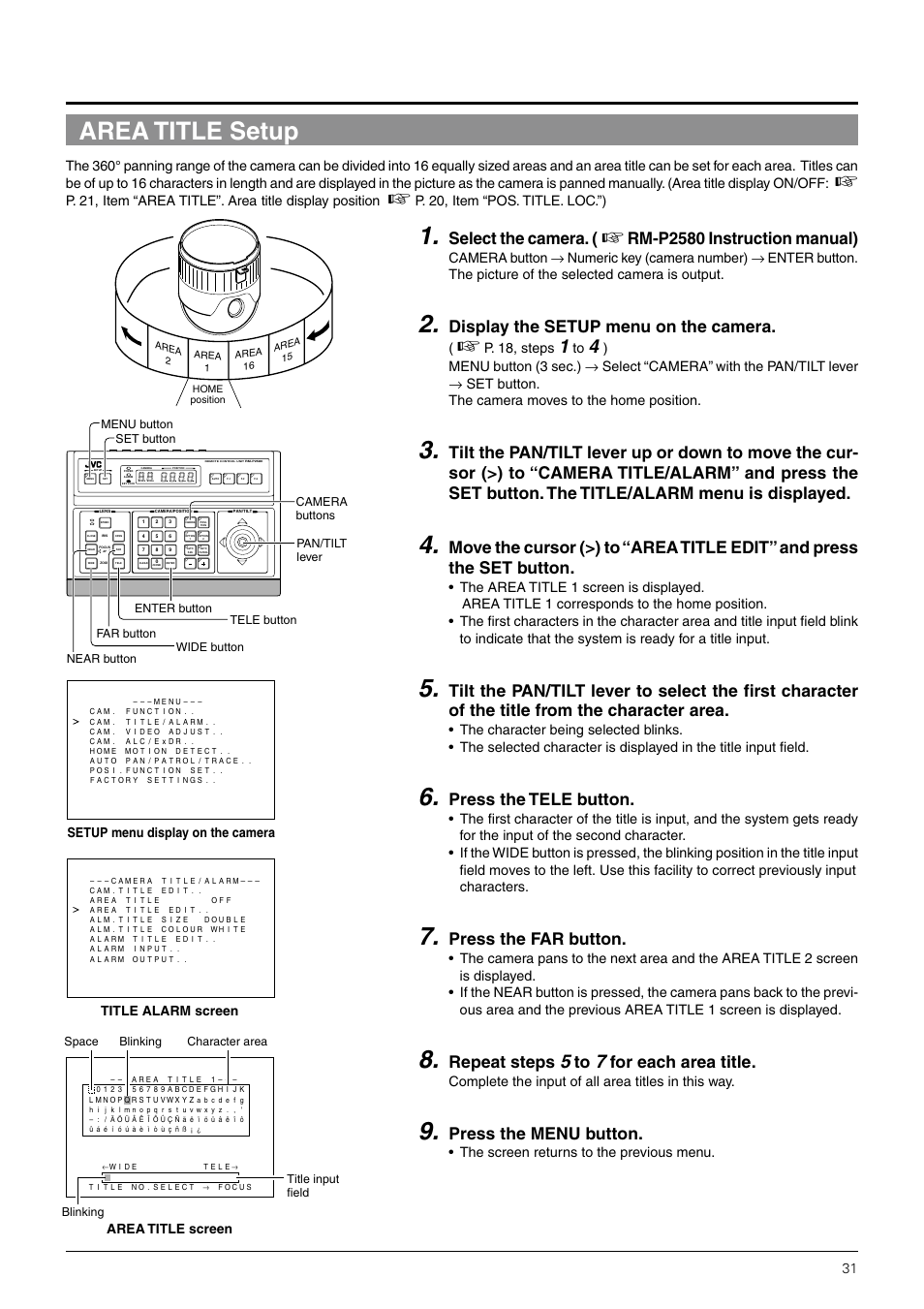 Area title setup, Select the camera, Rm-p2580 instruction manual) | Display the setup menu on the camera, Press the tele button, Press the far button, Repeat steps, For each area title, Press the menu button, P. 20, item “pos. title. loc.”) | JVC TK-C676 User Manual | Page 31 / 44
