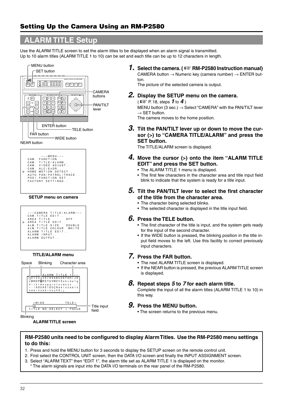 Alarm title setup, Setting up the camera using an rm-p2580, Select the camera | Rm-p2580 instruction manual), Display the setup menu on the camera, Press the tele button, Press the far button, Repeat steps, For each alarm title, Press the menu button | JVC TK-C676 User Manual | Page 32 / 44