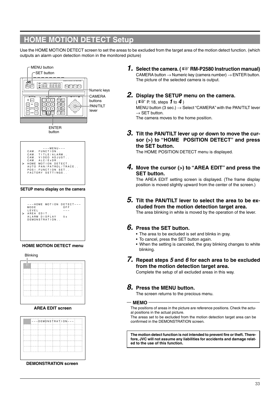Home motion detect setup, Select the camera, Rm-p2580 instruction manual) | Display the setup menu on the camera, Press the set button, Repeat steps, Press the menu button, P. 18, steps, The home position detect menu is displayed, The screen returns to the precious menu | JVC TK-C676 User Manual | Page 33 / 44