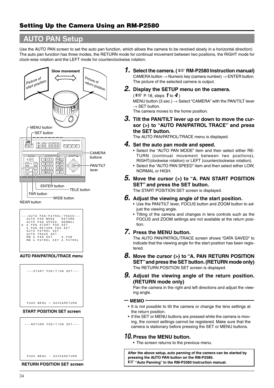 Auto pan setup, Setting up the camera using an rm-p2580, Select the camera | Rm-p2580 instruction manual), Display the setup menu on the camera, Set the auto pan mode and speed, Adjust the viewing angle of the start position, Press the menu button, P. 18, steps, The auto pan/patrol/trace menu is displayed | JVC TK-C676 User Manual | Page 34 / 44