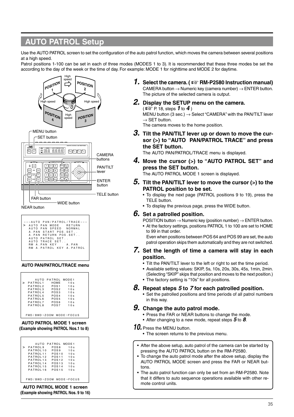 Auto patrol setup, Select the camera, Rm-p2580 instruction manual) | Display the setup menu on the camera, Set a patrolled position, Repeat steps, For each patrolled position, Change the auto patrol mode, P. 18, steps, The auto pan/patrol/trace menu is displayed | JVC TK-C676 User Manual | Page 35 / 44