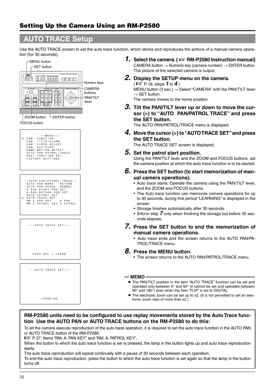 Auto trace setup, Setting up the camera using an rm-p2580, Select the camera | Rm-p2580 instruction manual), Display the setup menu on the camera, Set the patrol start position, Press the menu button, P. 18, steps, The auto pan/patrol/trace menu is displayed, The auto trace set screen is displayed | JVC TK-C676 User Manual | Page 36 / 44