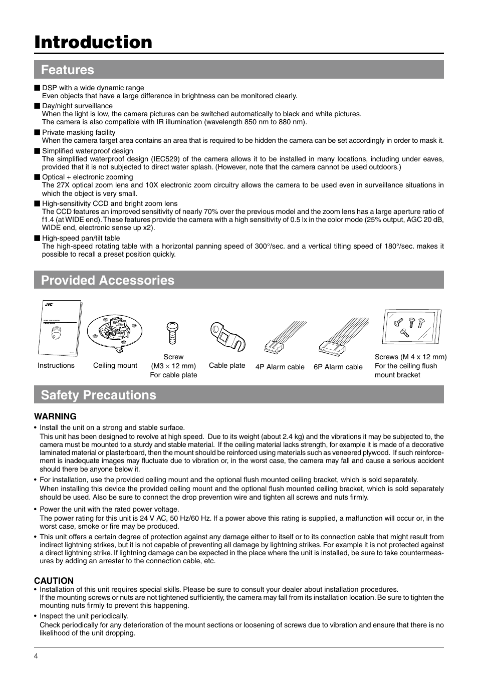 Introduction, Features, Provided accessories | Safety precautions, Provided accessories features | JVC TK-C676 User Manual | Page 4 / 44