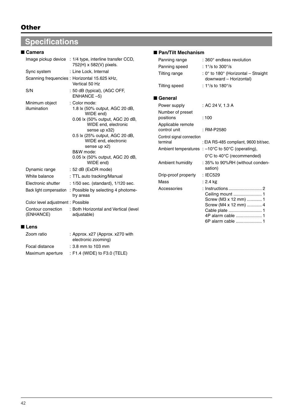 Specifications, Other | JVC TK-C676 User Manual | Page 42 / 44