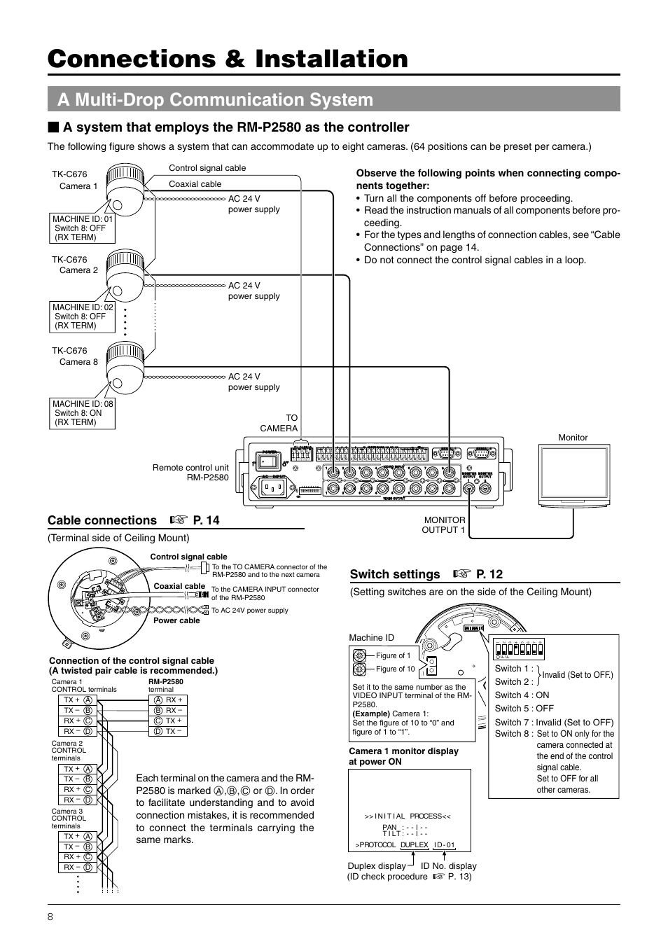 Connections & installation, A multi-drop communication system, Cable connections | P. 14, Switch settings, P. 12, Terminal side of ceiling mount), Duplex display id no. display, Invalid (set to off.) | JVC TK-C676 User Manual | Page 8 / 44