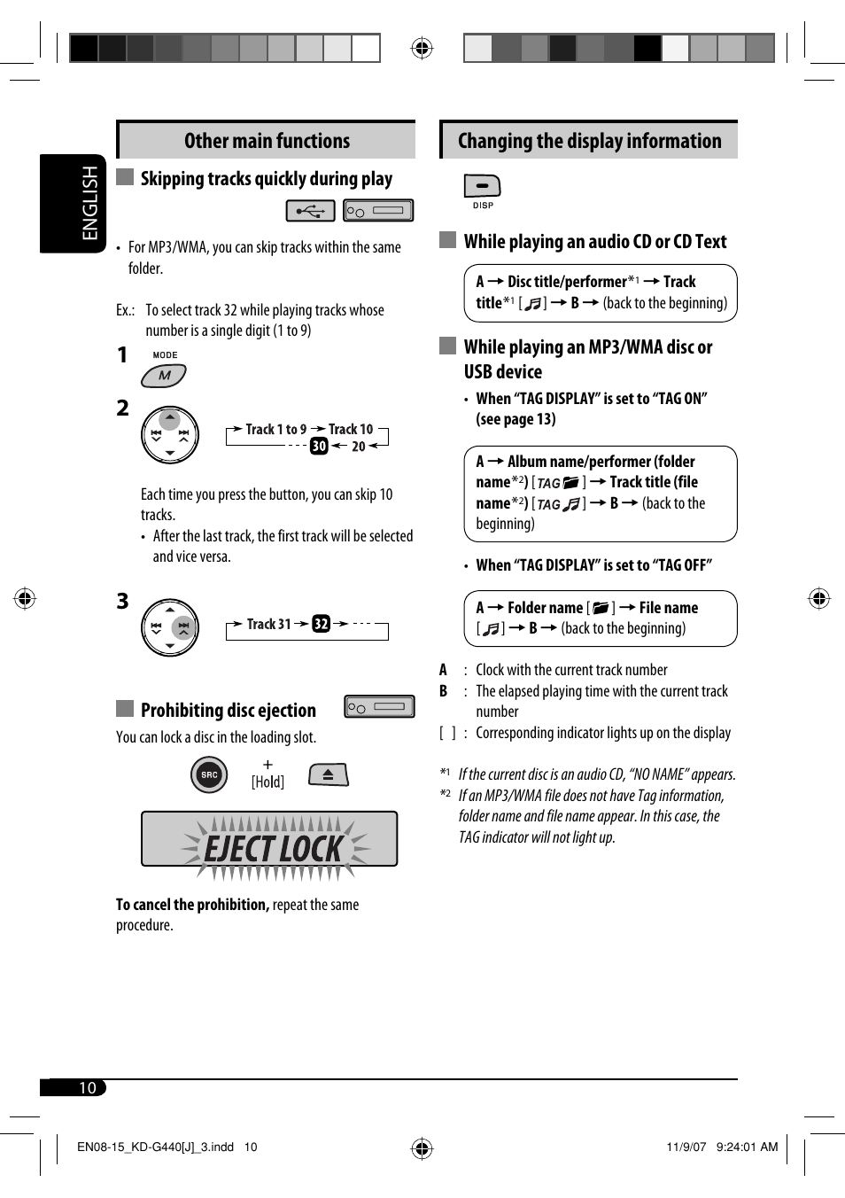 Changing the display information, Other main functions, English | While playing an audio cd or cd text, While playing an mp3/wma disc or usb device, Skipping tracks quickly during play, Prohibiting disc ejection | JVC KD-G440 User Manual | Page 10 / 62