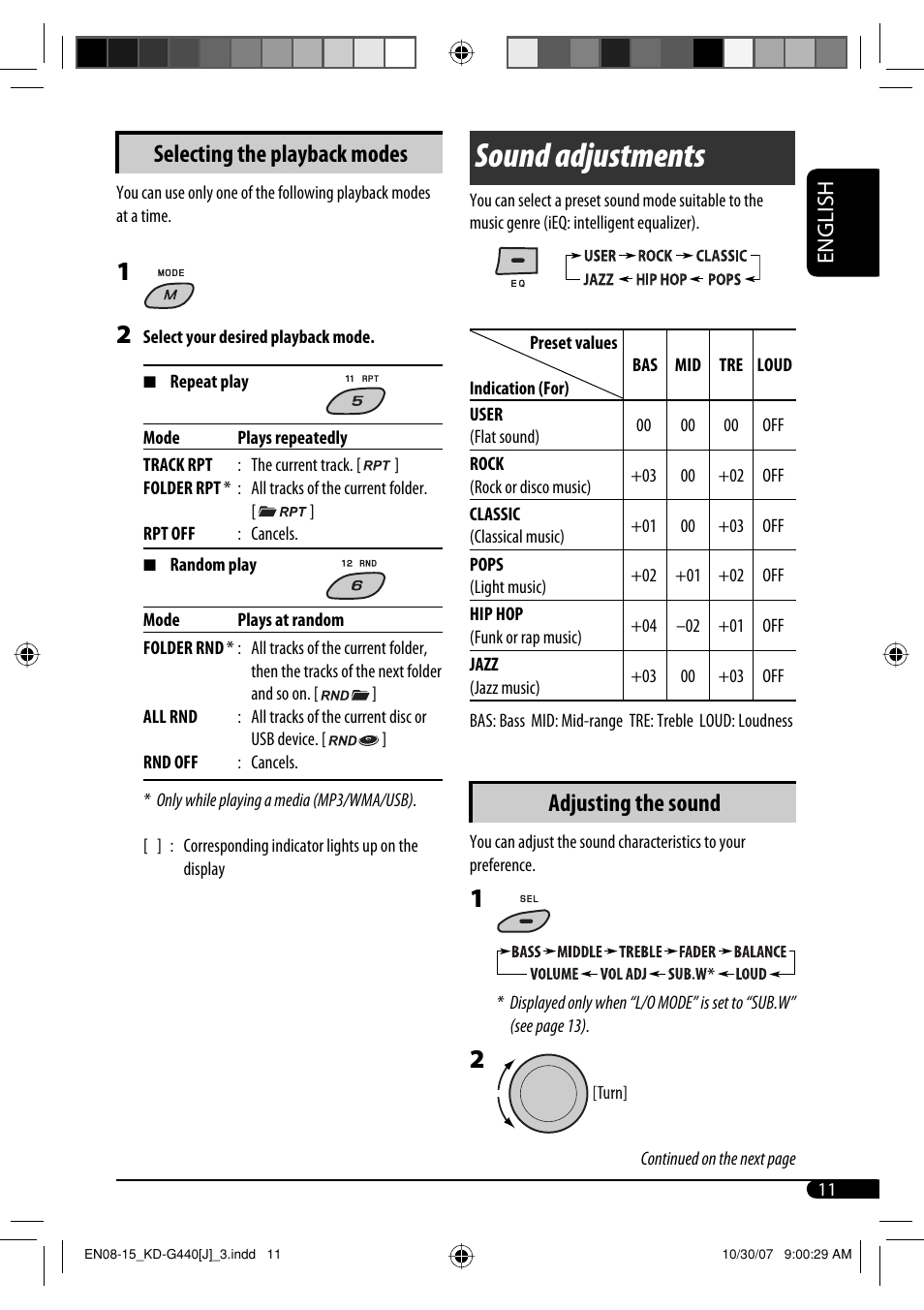 Sound adjustments, Adjusting the sound, Selecting the playback modes | English | JVC KD-G440 User Manual | Page 11 / 62