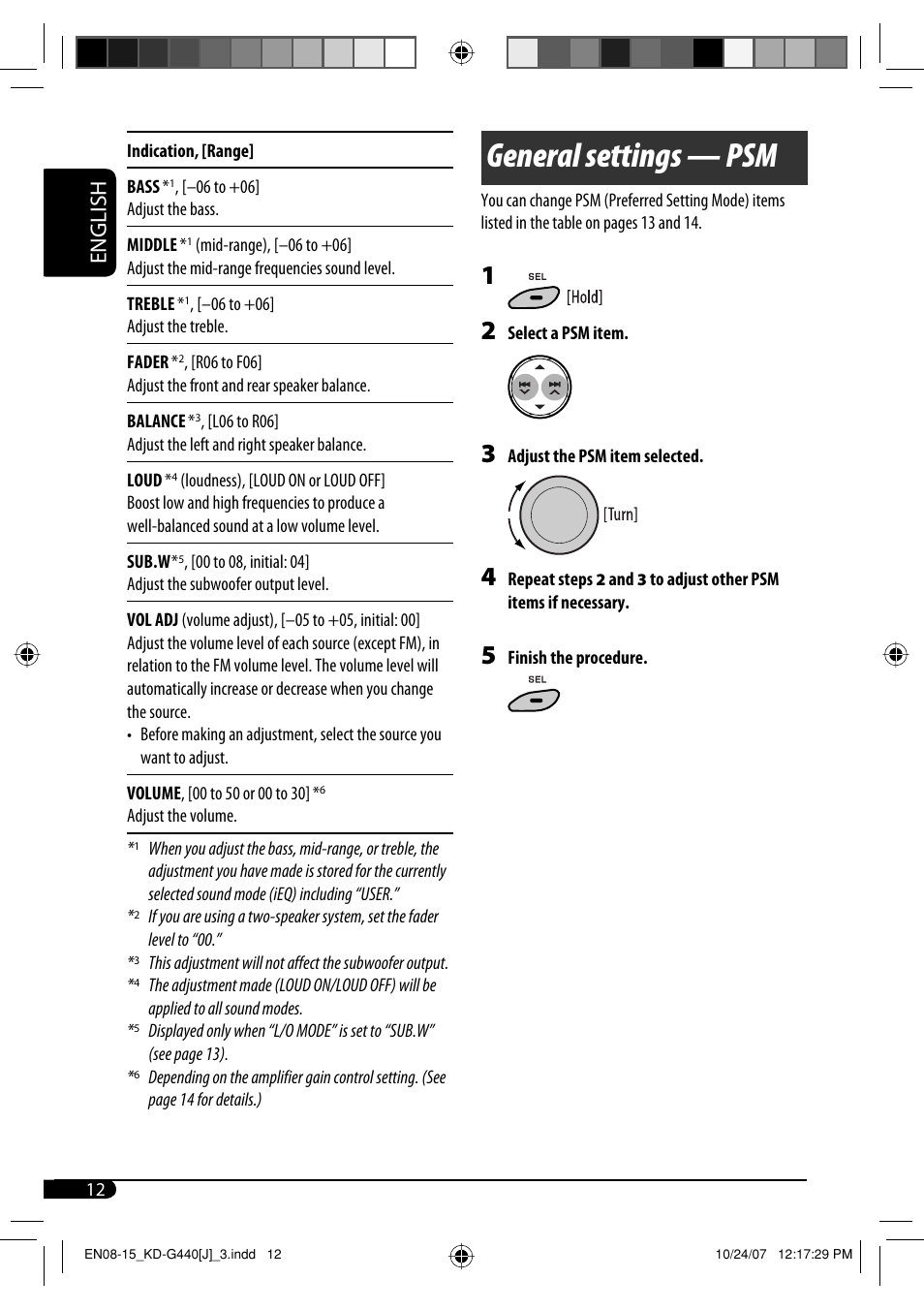 General settings — psm, English | JVC KD-G440 User Manual | Page 12 / 62