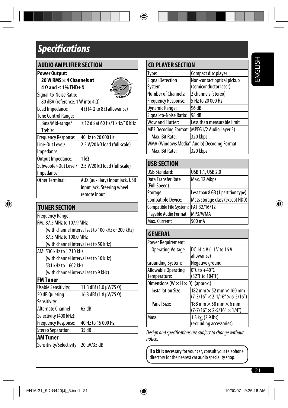 Specifications, English, General | JVC KD-G440 User Manual | Page 21 / 62