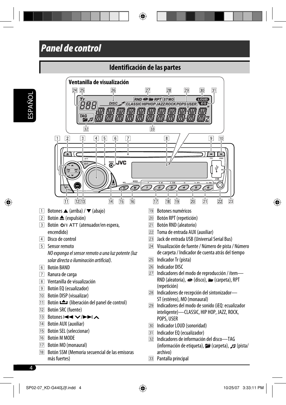 Panel de control, Identificación de las partes, Español | JVC KD-G440 User Manual | Page 24 / 62