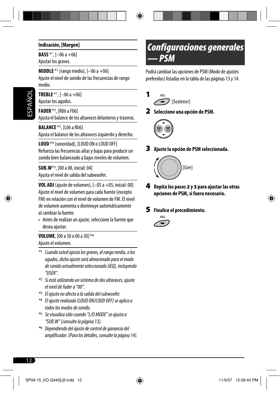 Configuraciones generales — psm, Español | JVC KD-G440 User Manual | Page 32 / 62