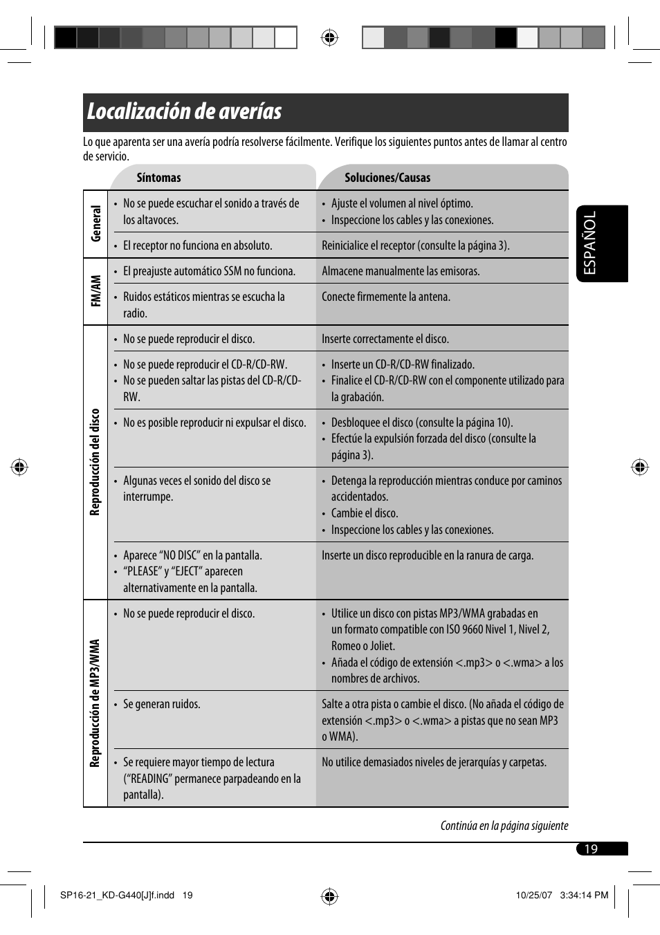 Localización de averías, Español | JVC KD-G440 User Manual | Page 39 / 62