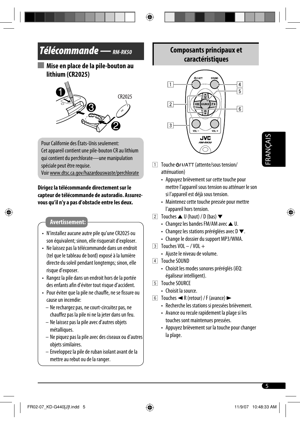 Télécommande, Composants principaux et caractéristiques, Français | JVC KD-G440 User Manual | Page 45 / 62