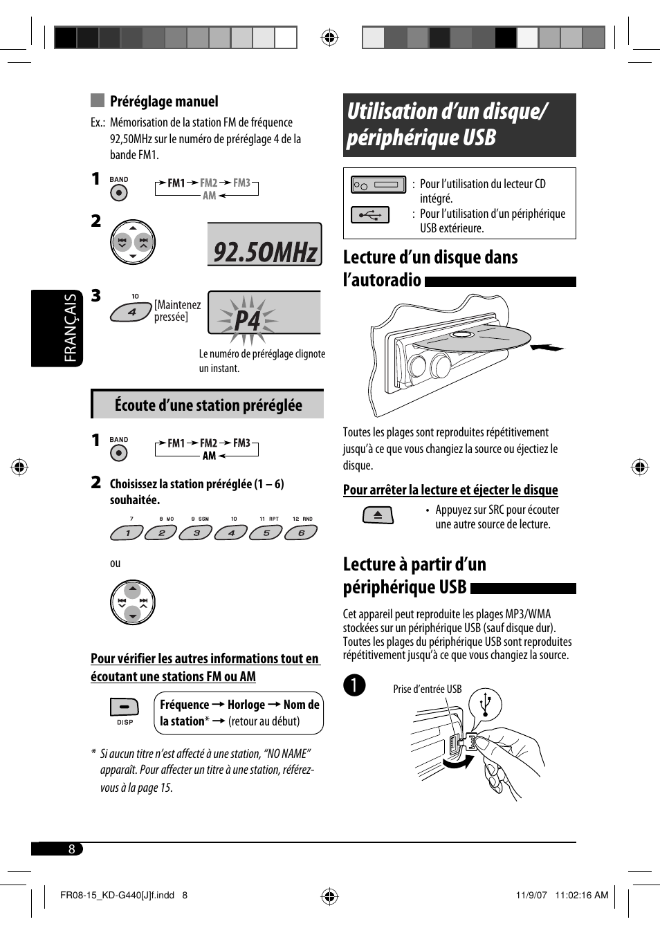 Utilisation d’un disque/ périphérique usb, Lecture d’un disque dans l’autoradio, Lecture à partir d’un périphérique usb | Écoute d’une station préréglée | JVC KD-G440 User Manual | Page 48 / 62