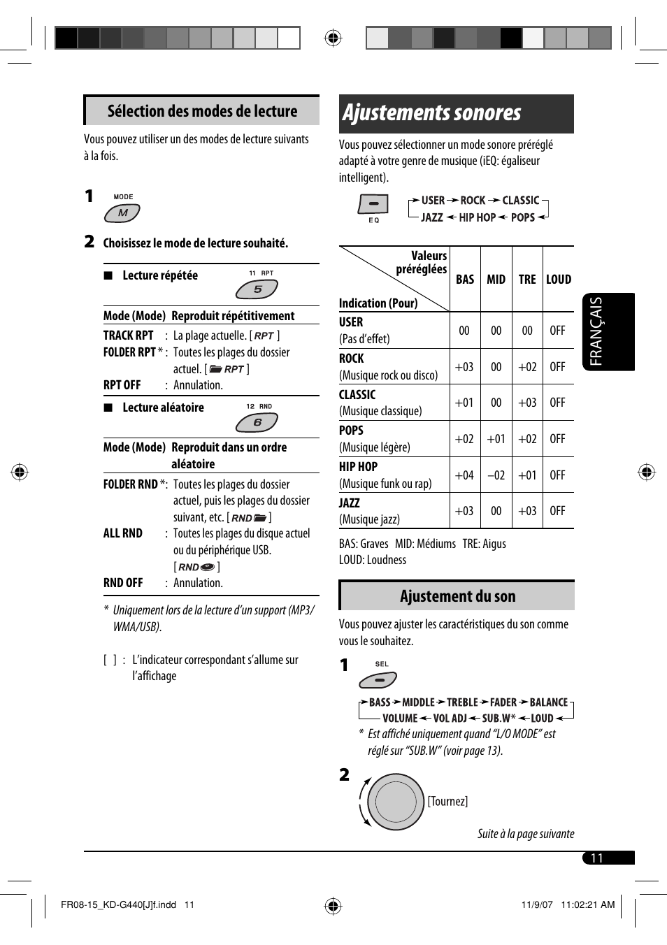 Ajustements sonores, Ajustement du son, Sélection des modes de lecture | Français | JVC KD-G440 User Manual | Page 51 / 62