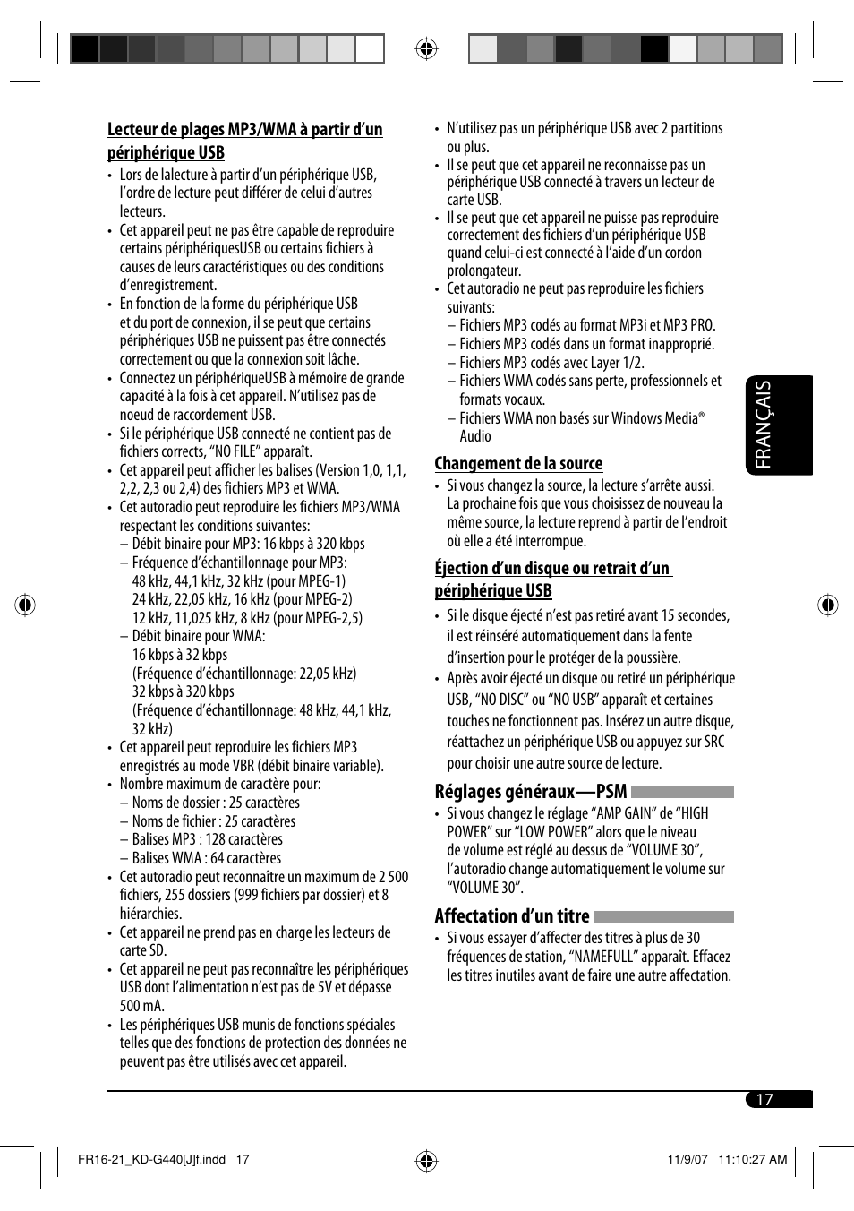 Français, Réglages généraux—psm, Affectation d’un titre | JVC KD-G440 User Manual | Page 57 / 62