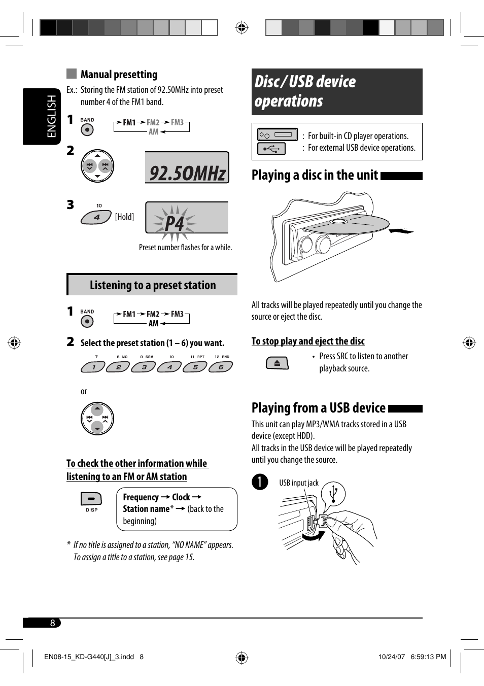 Disc / usb device operations, Playing a disc in the unit, Playing from a usb device | Listening to a preset station | JVC KD-G440 User Manual | Page 8 / 62