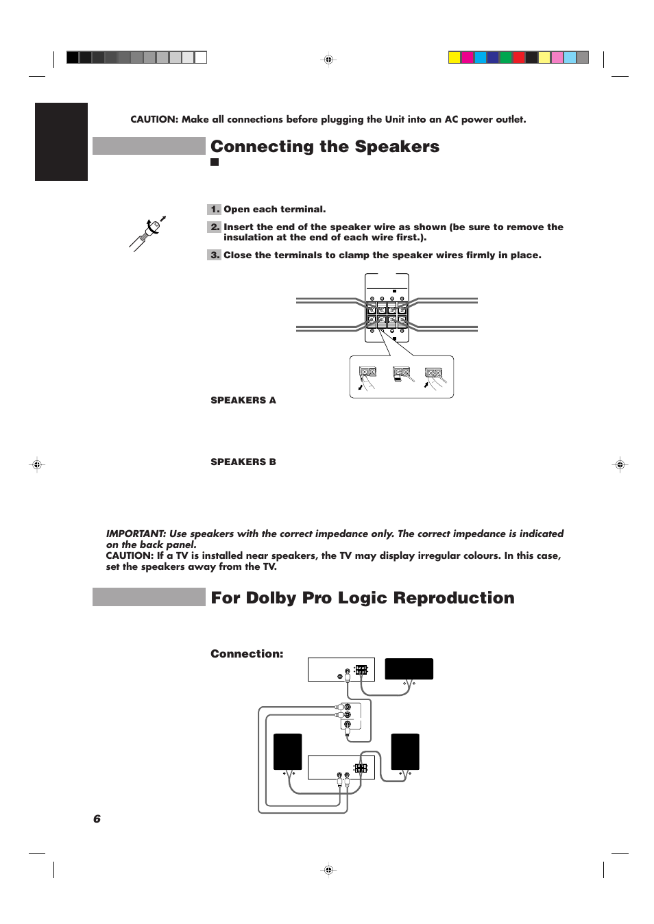 Connecting the speakers, For dolby pro logic reproduction, 6english | Connection, Speakers a, Speakers b | JVC CA-TD77R User Manual | Page 10 / 57