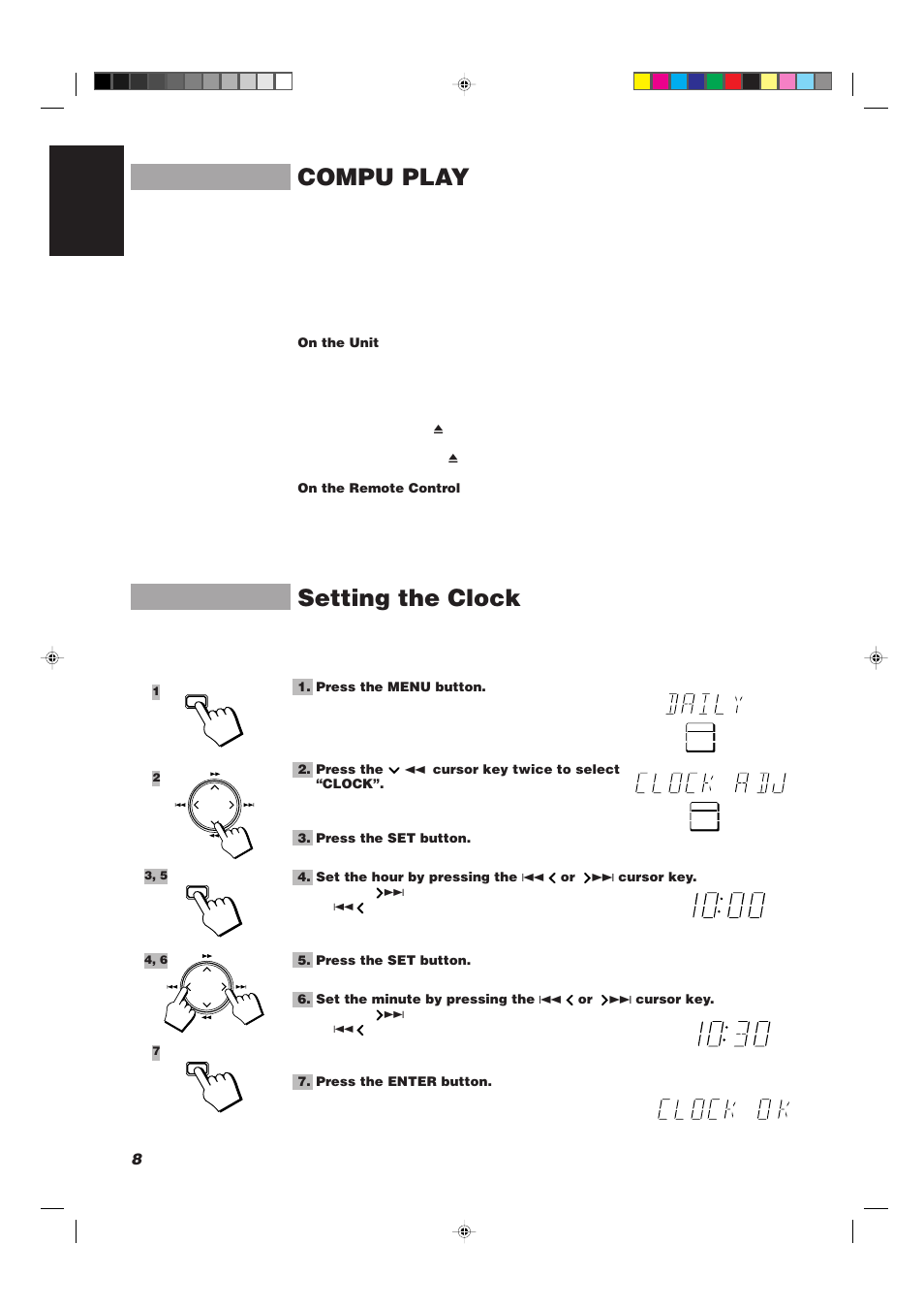 Compu play, Setting the clock, 8english | JVC CA-TD77R User Manual | Page 12 / 57