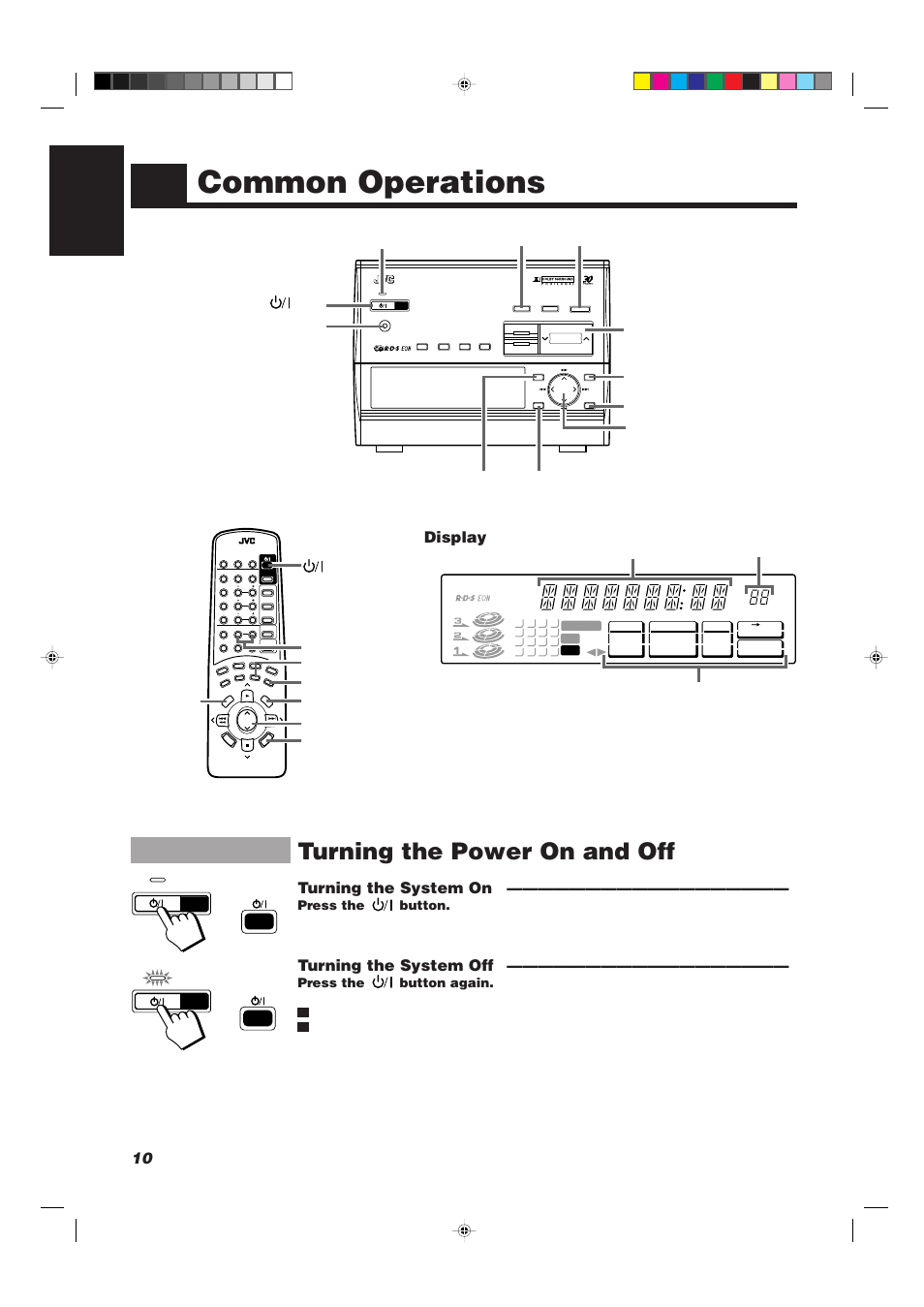 Common operations, Turning the power on and off, 10 english | Turning the system on, Turning the system off, Display, Press the button, Press the button again, Button | JVC CA-TD77R User Manual | Page 14 / 57