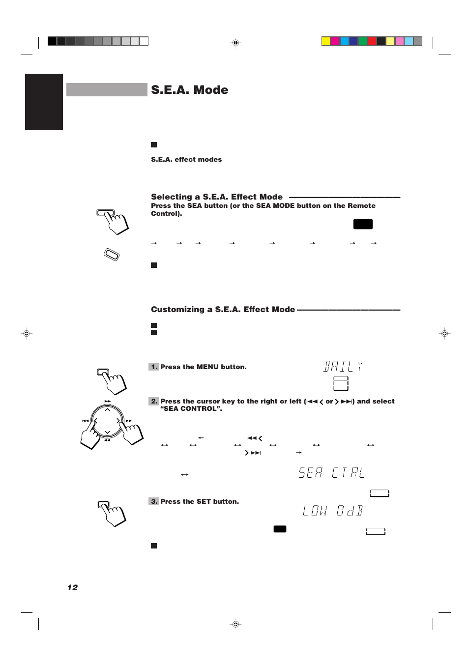 S.e.a. mode, 12 english, Selecting a s.e.a. effect mode | Customizing a s.e.a. effect mode | JVC CA-TD77R User Manual | Page 16 / 57