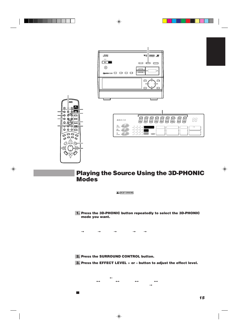 Playing the source using the 3d-phonic modes, 15 english | JVC CA-TD77R User Manual | Page 19 / 57