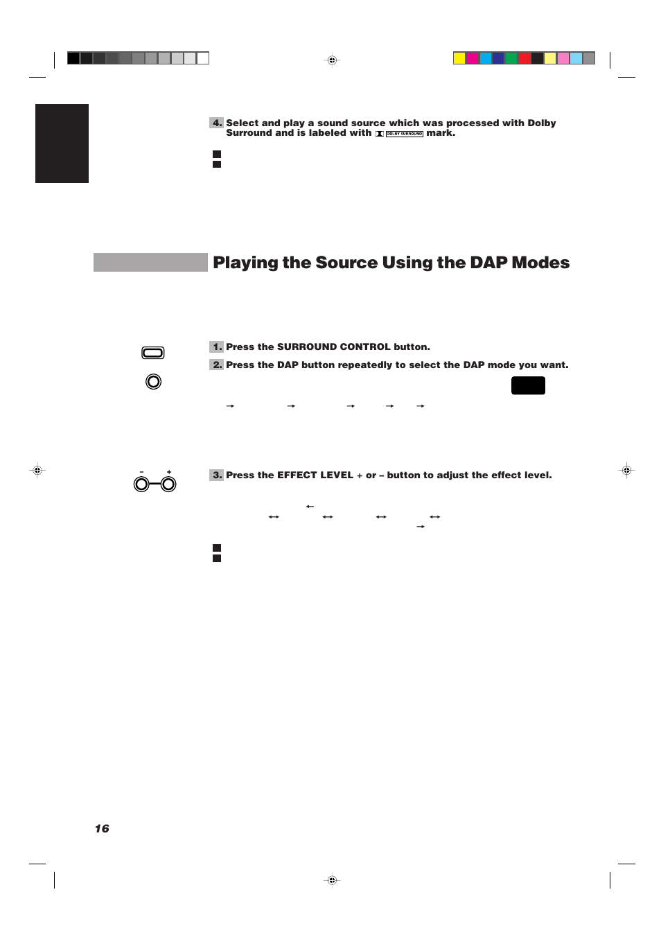 Playing the source using the dap modes, 16 english | JVC CA-TD77R User Manual | Page 20 / 57