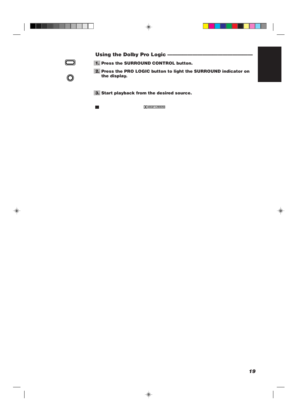 19 english using the dolby pro logic | JVC CA-TD77R User Manual | Page 23 / 57