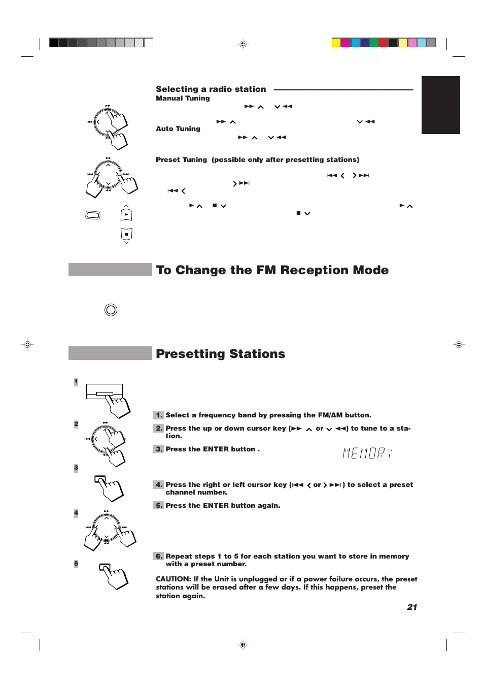 Presetting stations, 21 english selecting a radio station | JVC CA-TD77R User Manual | Page 25 / 57