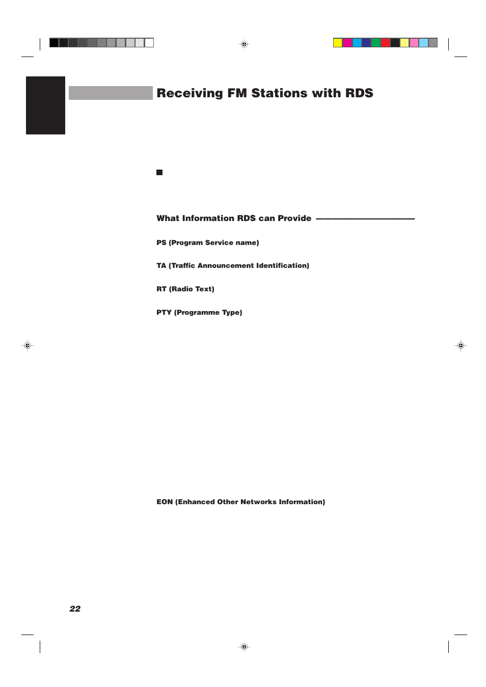 Receiving fm stations with rds, 22 english, What information rds can provide | JVC CA-TD77R User Manual | Page 26 / 57