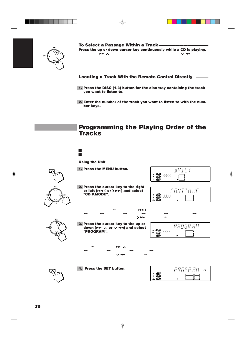 Programming the playing order of the tracks, 30 english to select a passage within a track, Locating a track with the remote control directly | JVC CA-TD77R User Manual | Page 34 / 57